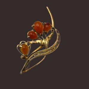Vintage JS 925 Carnelian & Gold Vermeil Floral Brooch Art Nouveau